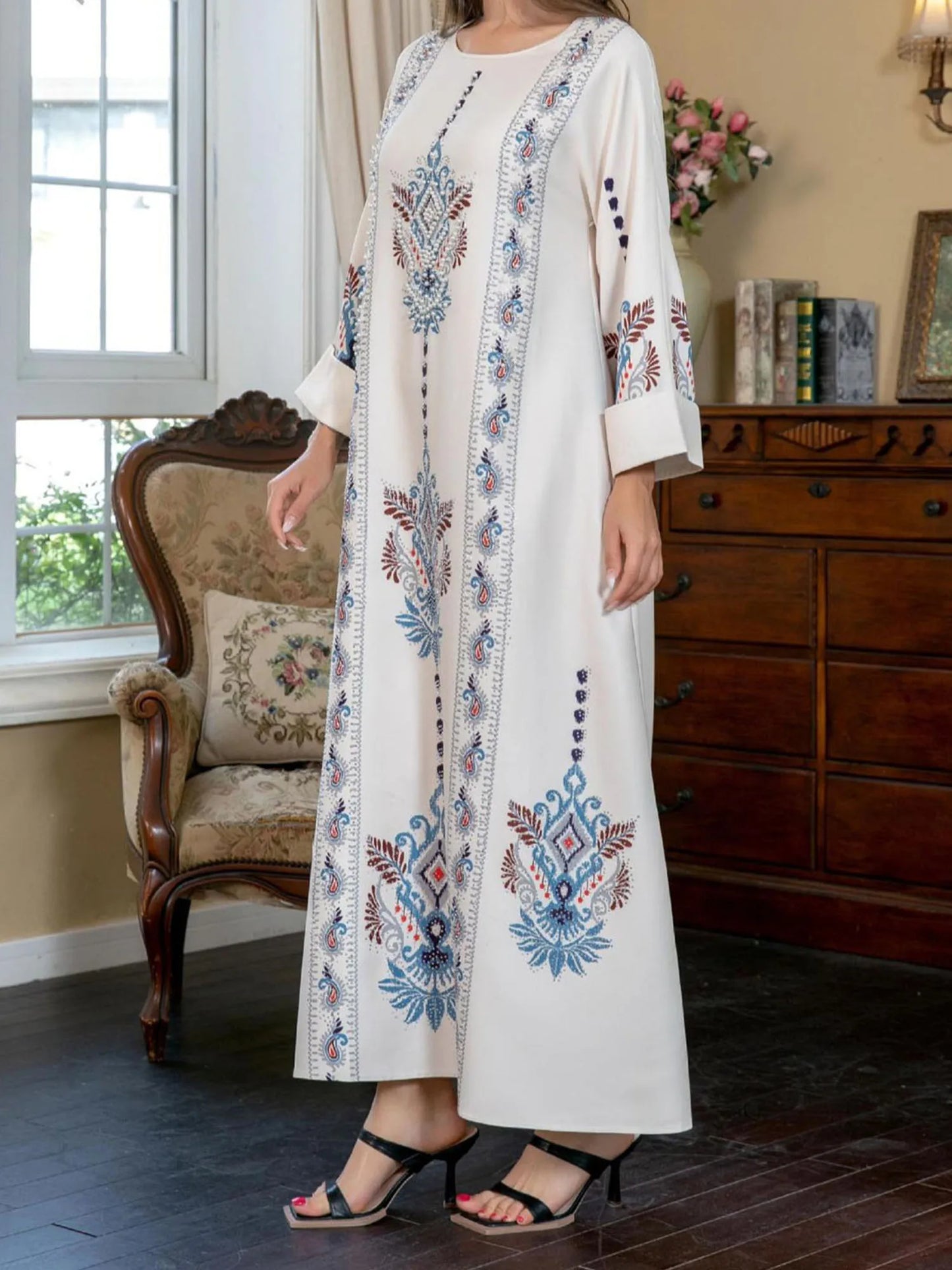Women s Elegant Floral Print Maxi Dress Long Sleeve Round Neck Loose Fit Arab Style Kaftan Dress for Autumn
