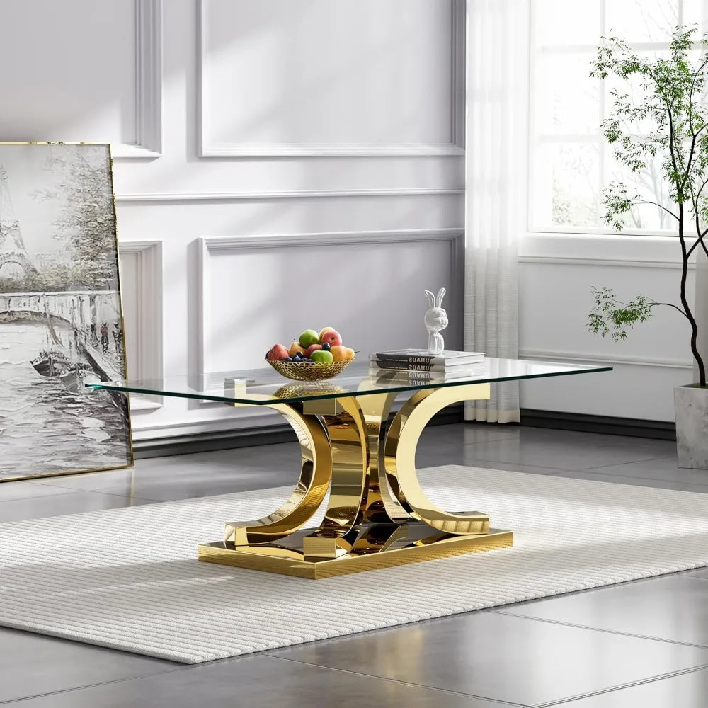 Glass Coffee Table with Gold 4C Stainless Steel Metal Leg, 47" Rectangular Clear Tempered Glass Center Stainless Steel Tea Table