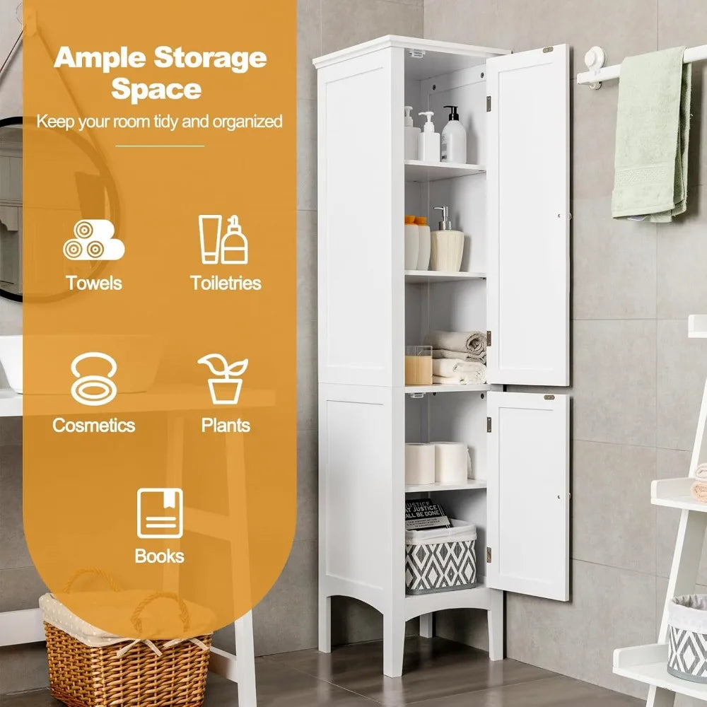 5-Tier Freestanding Bathroom Linen Tower with Wooden Sides and 2 Doors Storage Cabinet