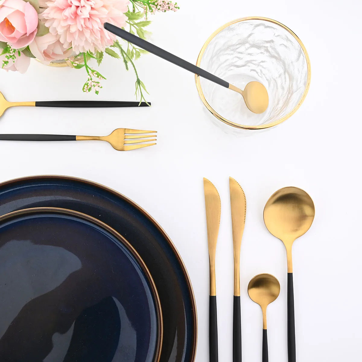 JANKNG 24Pcs Gold Dinnerware Set Stainless Steel Cutlery Set  Flatware Set Matte Black Knife Fork Spoon Silverware Tableware Set