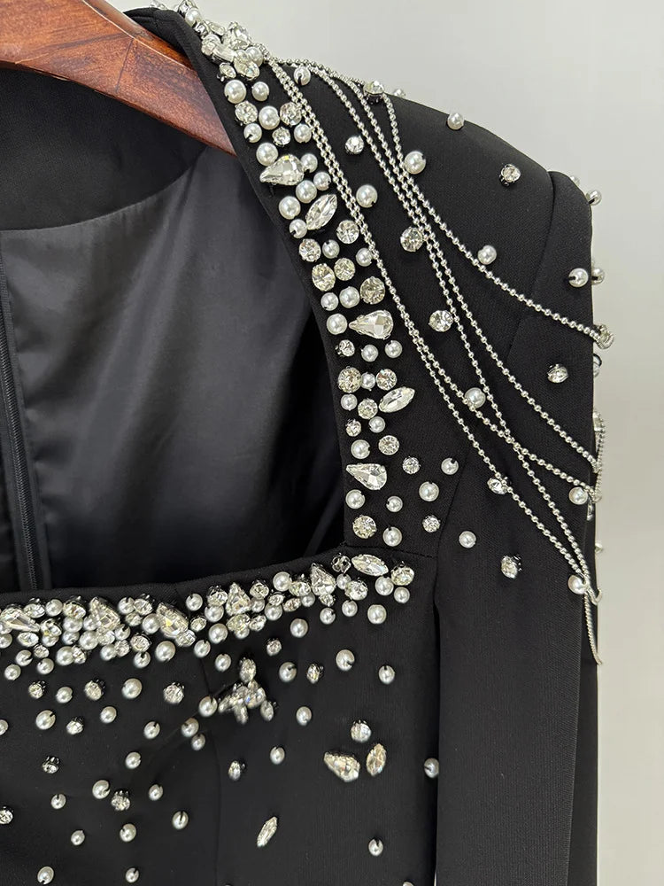 HIGH STREET Newest 2025 Designer Vestido Women's Diamonds Beaded Chains Cape Sleeve Floor Length Maxi Long Dress