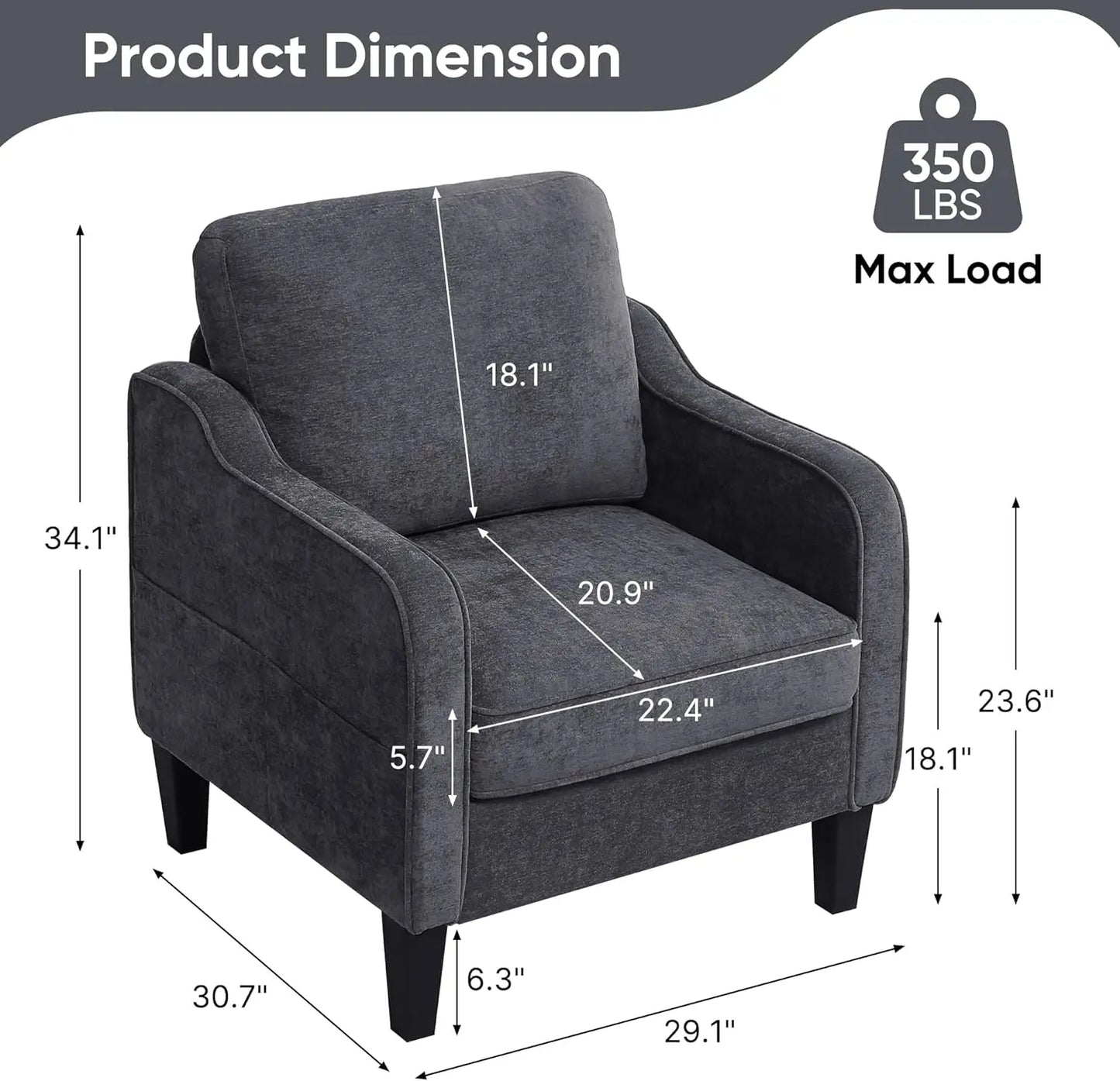 Modern Accent Chair, Upholstered Armchair with Pockets, Dark Grey, for Living Room, Bedroom, Office