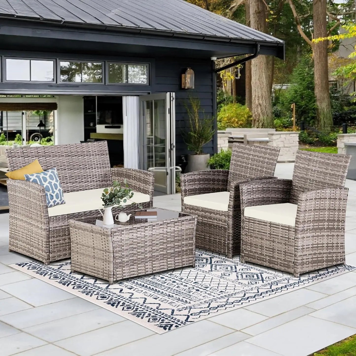 4 Piece Patio Furniture Set,Outdoor Wicker Conversation Sets,Rattan Sectional Sofa w/Coffee Table,Seat Cushions for Backyard Por