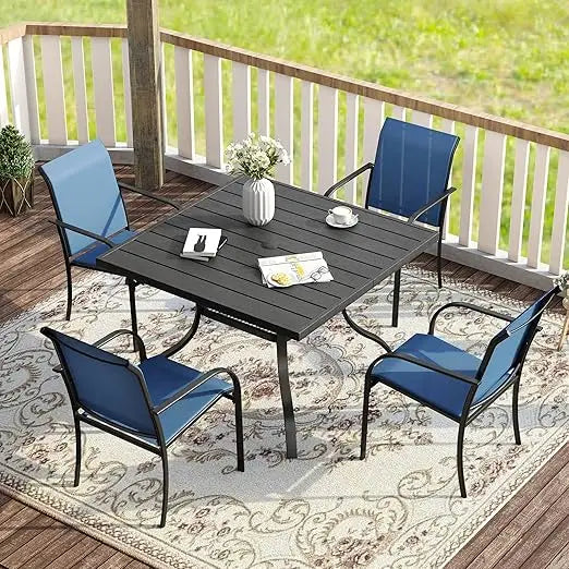 5 Pieces Patio Dining Set, Outdoor Furniture Set Includes 1 Square Outdoor Table and 4 Stackable Patio Sling Chairs, Black Tabl