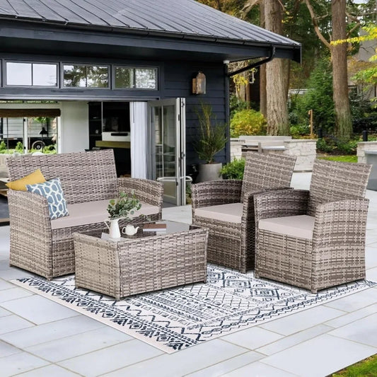 4 Piece Patio Furniture Set,Outdoor Wicker Conversation Sets,Rattan Sectional Sofa W/Coffee Table,Seat Cushions