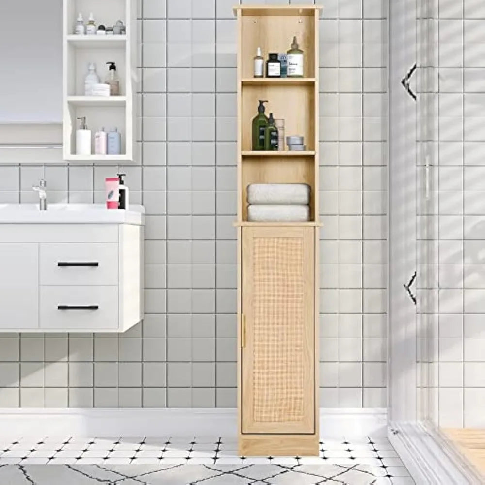 Freestanding Wooden Bathroom Storage Cabinet with Door and 6 Adjustable Shelves, Slim Design for Linen Organization