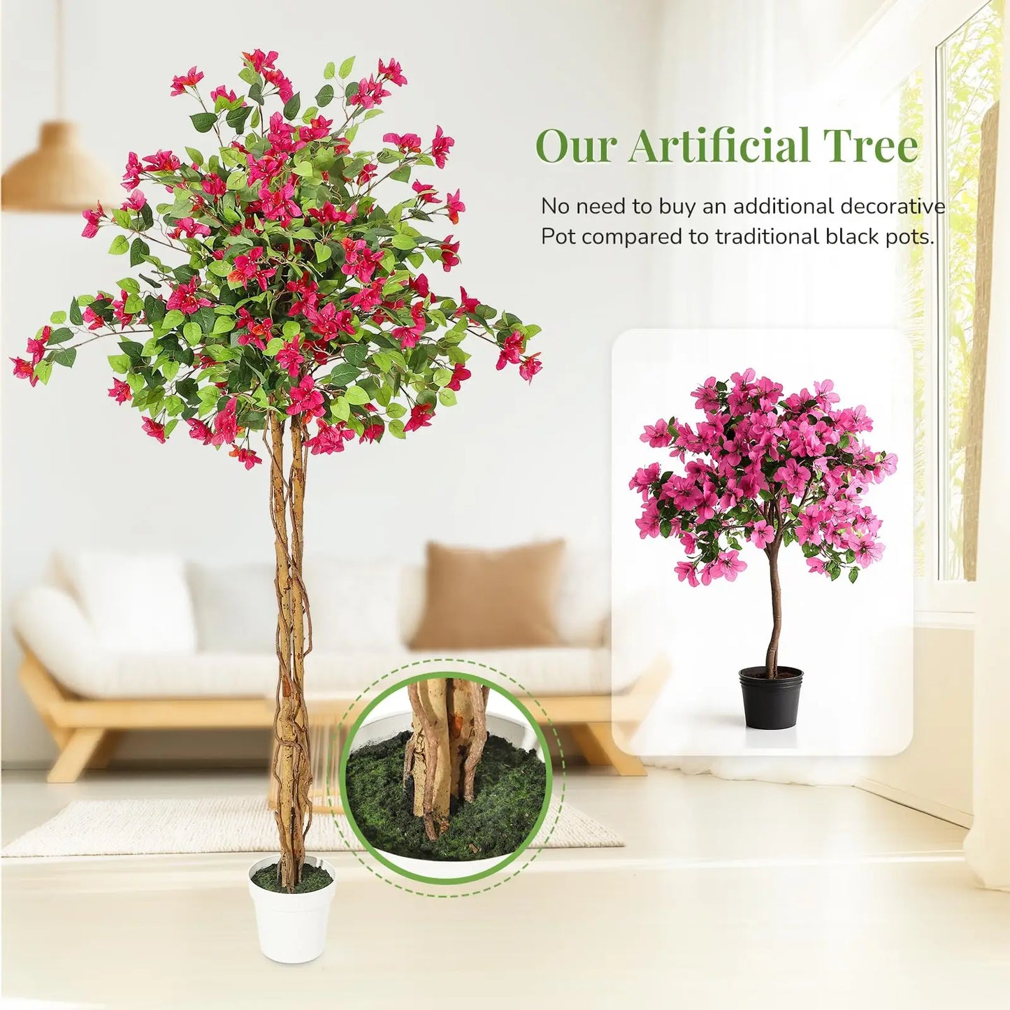 Artificial Bougainvillea Tree,Flower Trees Artificial Indoor,Fake Flower Tree with White Pot for Home Decoration, Artificial Flo