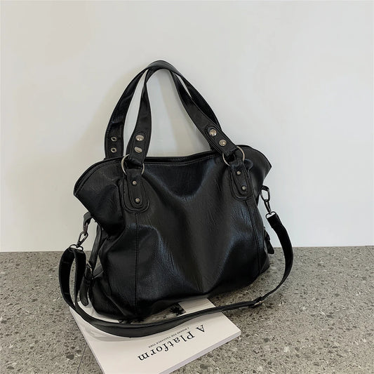 Women Shoulder Crossbody Bag Casual Retro PU Leather Hobos Crossbody Bag Solid Color Soft Female Travel Shopper Mommy Tote Bag