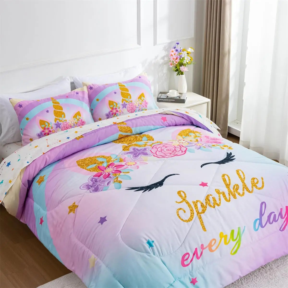Ntbed Unicorn Twin Comforter Set With Sheets,5 Pieces Kids Bedding Sets For Girls, Lightweight Microfiber Star Rainbow Bed In A