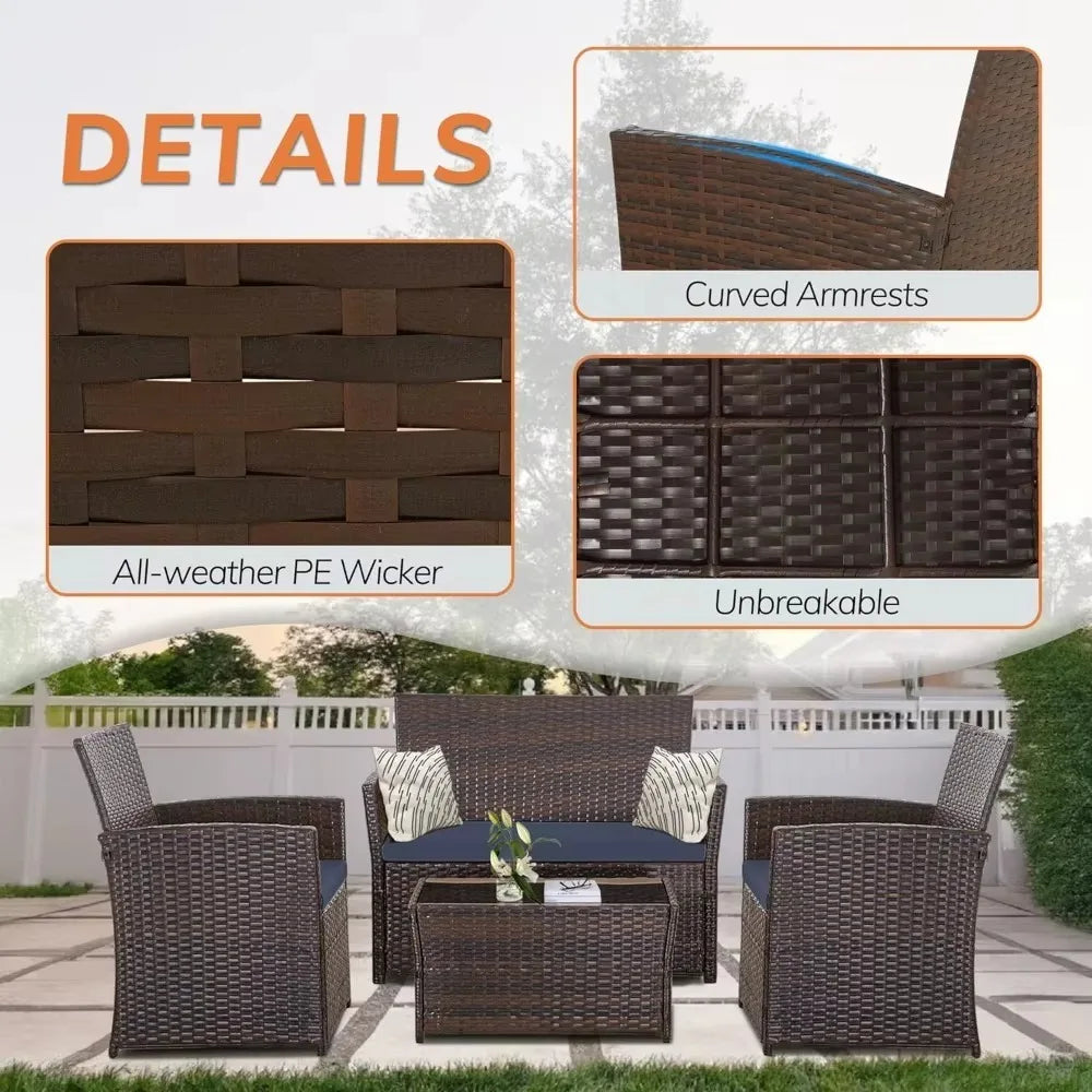 4 Piece Patio Furniture Set,Outdoor Wicker Conversation Sets,Rattan Sectional Sofa w/Coffee Table,Seat Cushions for Backyard Por