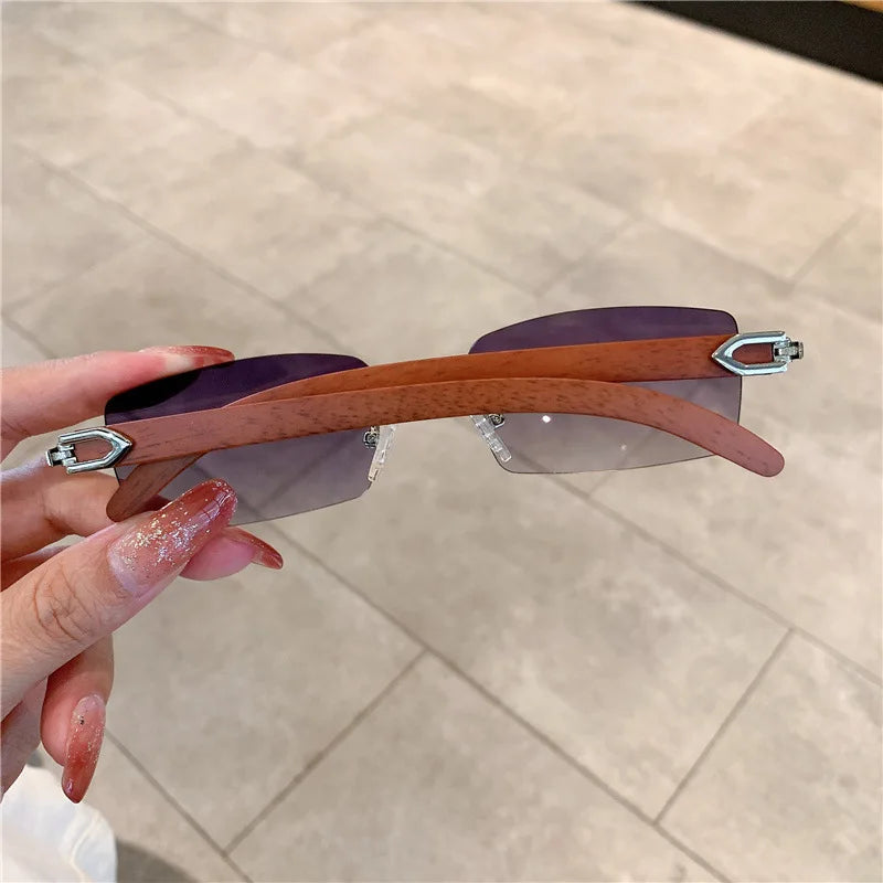 Fashion Sunglasses Men's And Women's Frameless Imitation Wood Grain Mirror Leg Sunglasses