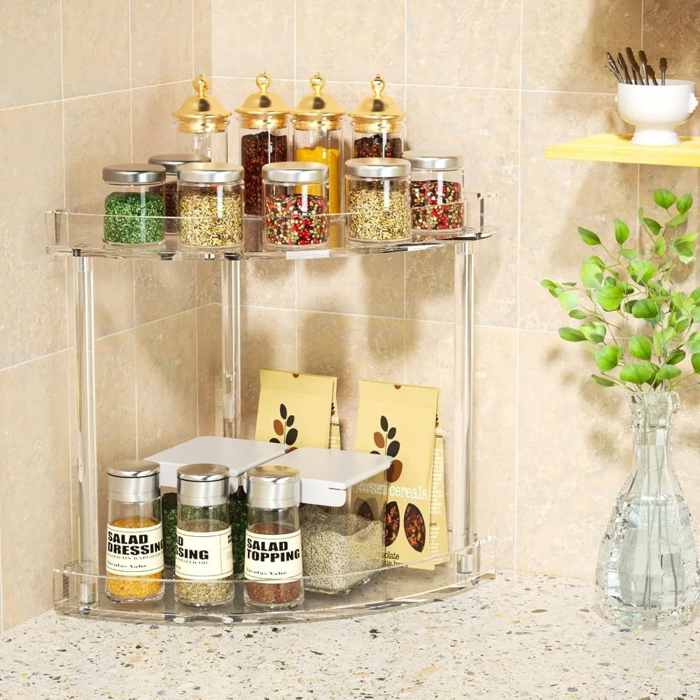 2 tier acrylic bathroom counter organizer, clear bathroom countertop corner organizer, 2-tier corner storage shelf vanity trays