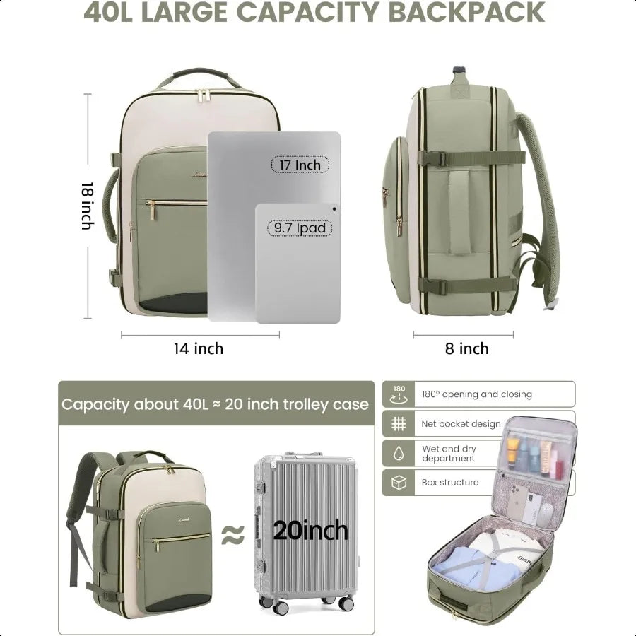 40L Travel Backpack for Women Men Airline Appd Carry On Lage with 3 Packing Cubes TSA Overnight Bags Waterproof Personal Item B