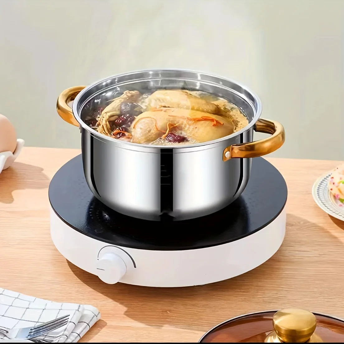 5-Piece Golden Stainless Steel Cookware Set - Durable, Multi-Purpose, Easy to Clean, Compatible with All Stoves, Non-Stick,