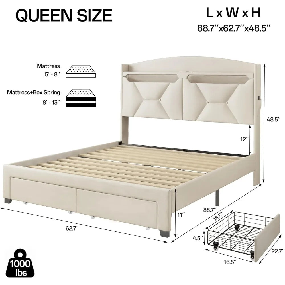 queen size bed frame with storage headboard, queen bed frame with 2 drawers, upholstered platform bed with charging station and