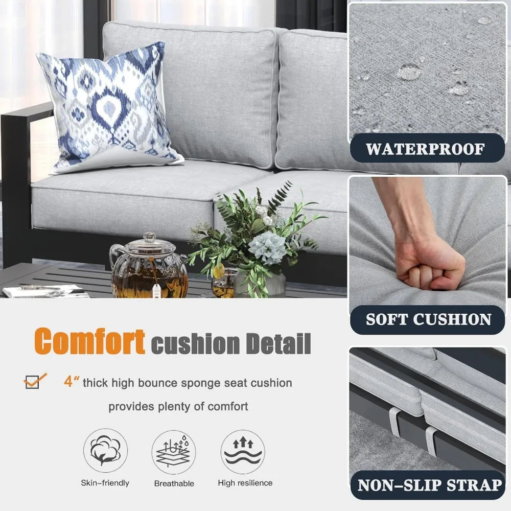 4 Piece Modern Aluminum Patio Furniture Set, Outdoor Patio Sectional Metal Seating Sets with Olefin Cushion and Coffee Table