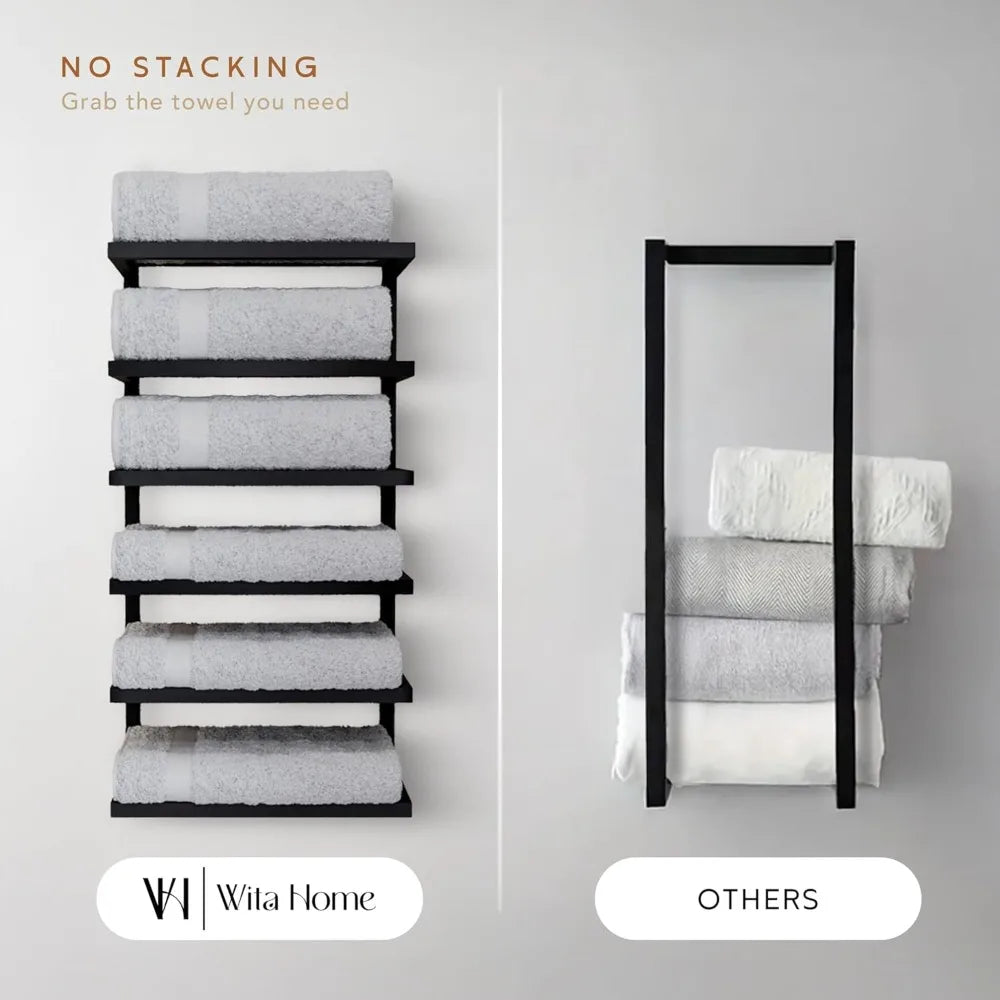 Space-Saving Wall-Mounted Black Metal 5-6 Tier Towel Rack for Bathroom Storage and Organization