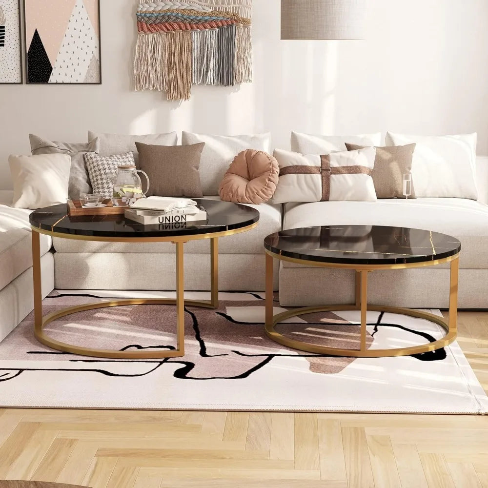 Round Coffee Table Nesting Tables Set of 2, Large : Ø 34.0", Small : Ø 26.0", Modern Design Coffee Tables for Living Room, Gold