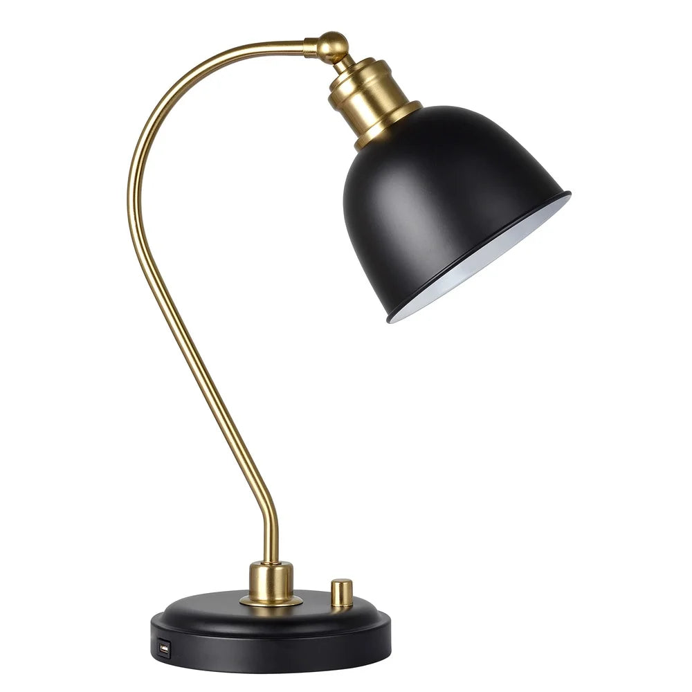 Modern 18 Inch Black Gold Desk Lamp Adjustable Head USB Charging Port Ideal Bedroom Living Room Home Office