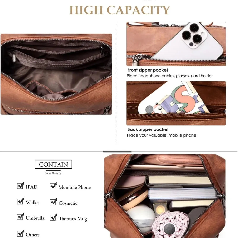 Backpack Purse for Womens, Waterproof PU Leather Backpacks Handbags, Ladies Casual Shoulder Bags Brown（No shipment on weekends）