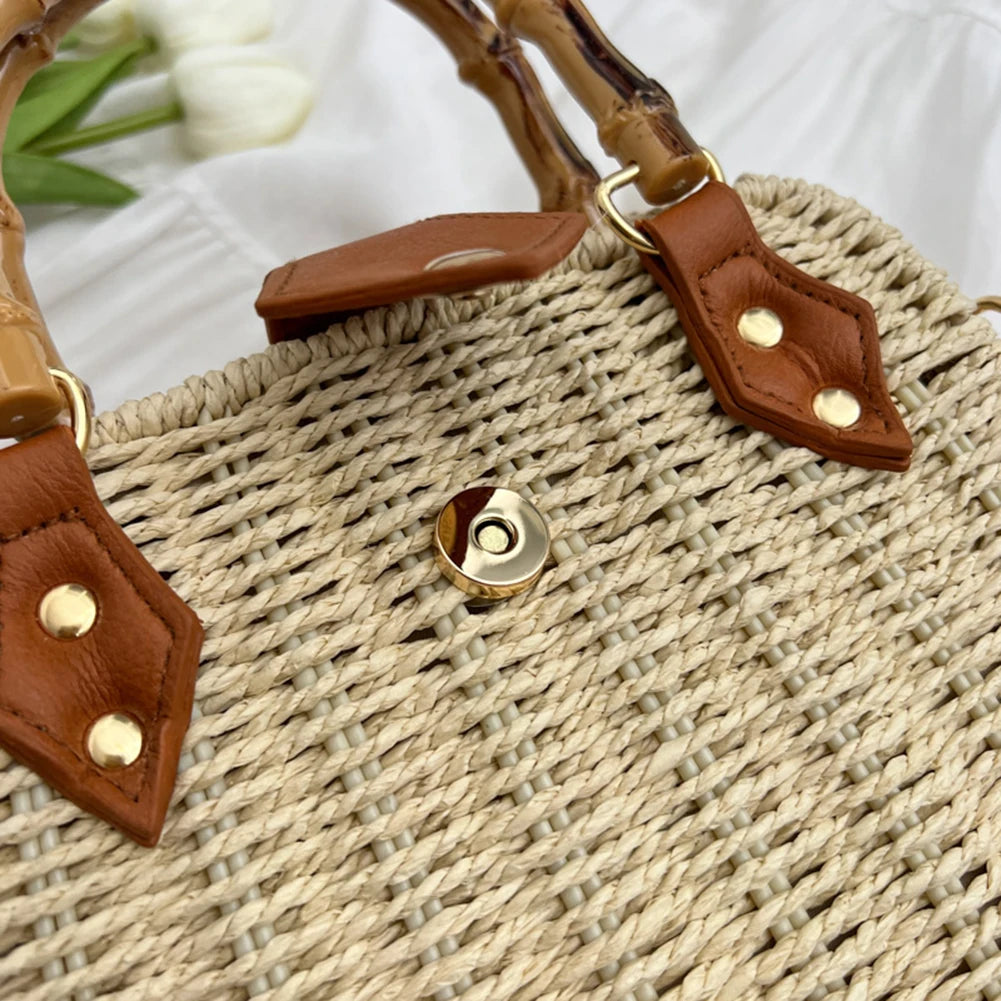 Summer Hand-Woven Handbags Bamboo Handle Woven Beach Crossbody Bag Handmade Simple Portable Adjustable Strap for Seaside Holiday