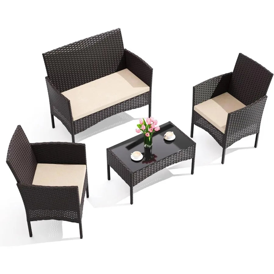Gotland 4Piece Outdoor Patio Furniture Set Wicker Rattan Chairs Sofa with Cushions and Glass Coffee Table Conversation Set for