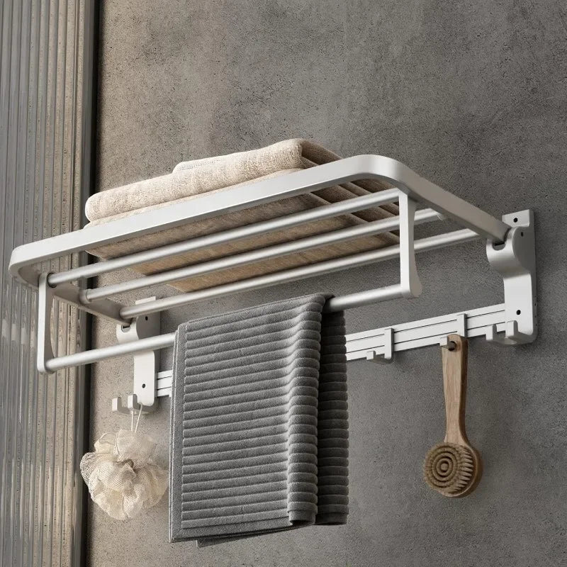 24 Inch Towel Rack with Towel Bar Holder Foldable Towel Shelf with Movable Hooks Rustproof Storage Wall Mount