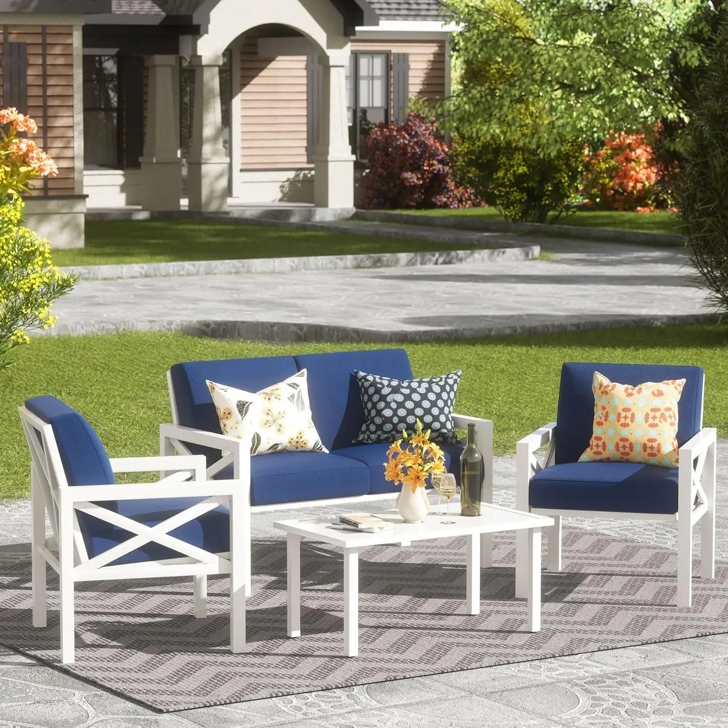Outdoor Patio Furniture 4 Pieces Set, Modern Patio Conversation Sets, Outdoor Sectional Metal Sofa with 5.5
