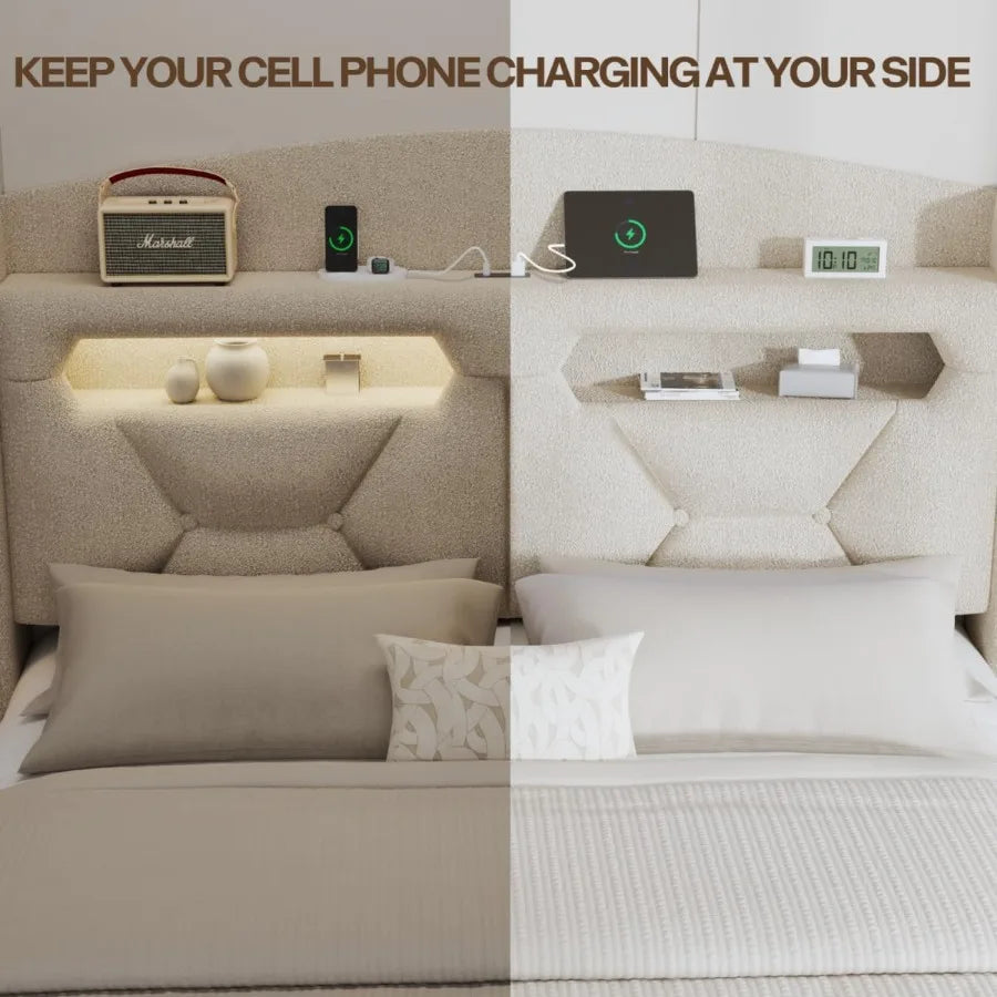 Queen Size Bed Frame with Headboard Boucle Upholstered Platform Bed Frames with Storage Charging Station LED Lights Soft Thicke