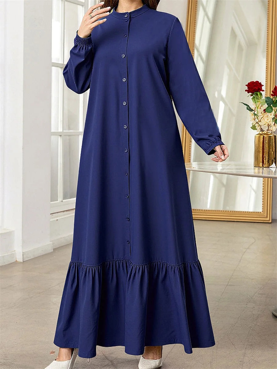 Middle Eastern Style Women s Long Dress with Solid Color and Loose Fit Design Featuring Button Down Front Crew Neck and Long