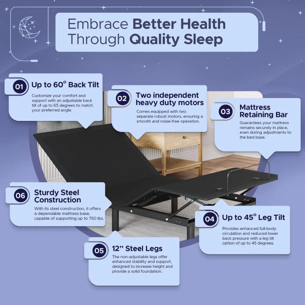 Adjustable Bed Base (Frame) + 8 inch Gel Memory Foam Mattress (Firm), Easy Assembly, Head and Foot Lift, Zero Gravity