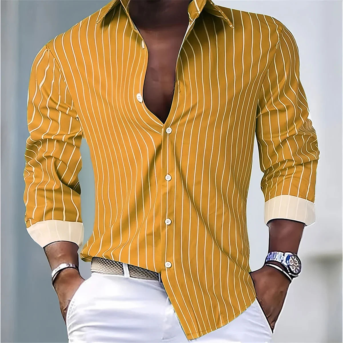 Men's Fashion Loose Striped Shirt 16 Colors Shirt Casual Breathable Lapel Button Long Sleeve Shirt Top Comfortable Soft Fabric