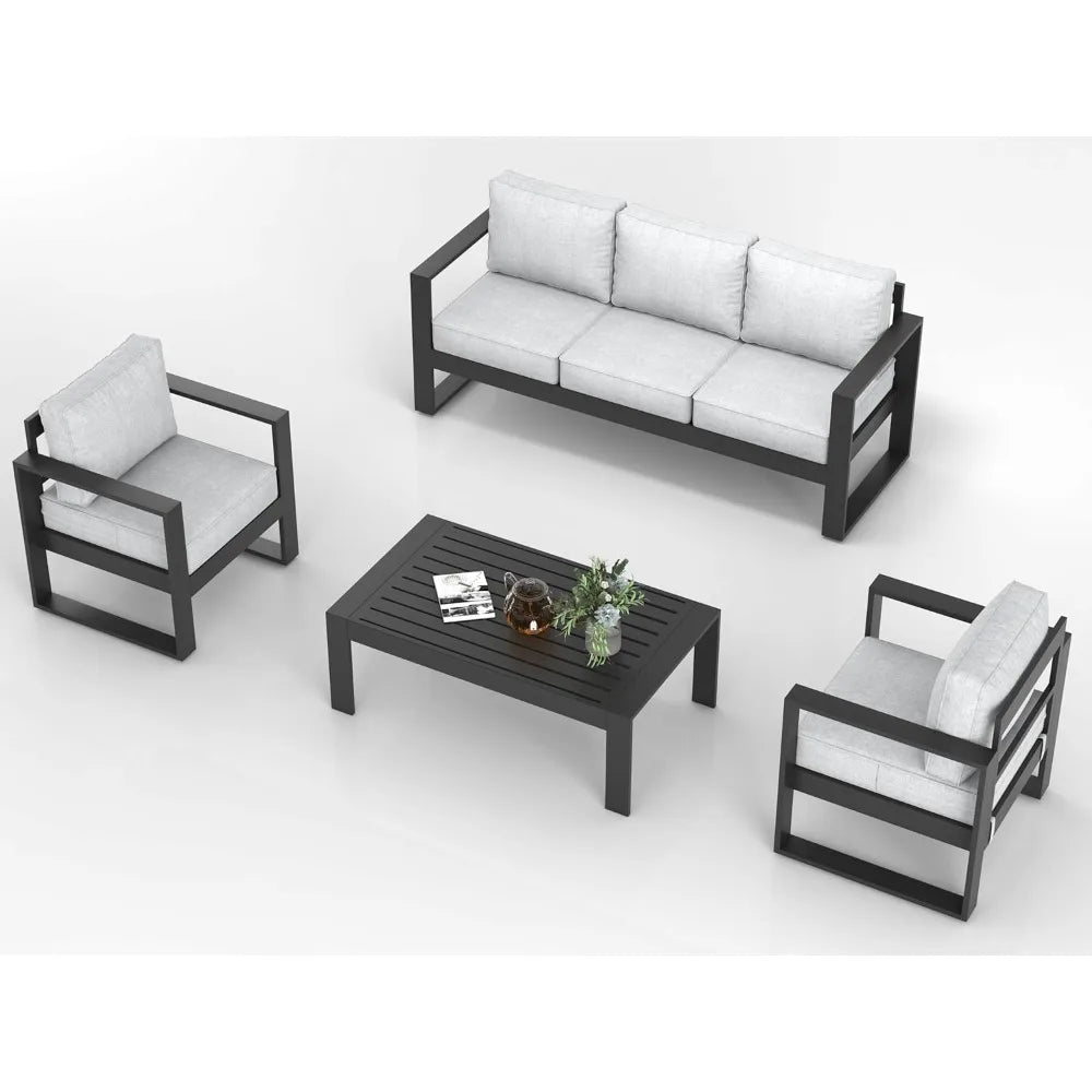 4 Piece Modern Aluminum Patio Furniture Set, Outdoor Patio Sectional Metal Seating Sets with Olefin Cushion and Coffee Table