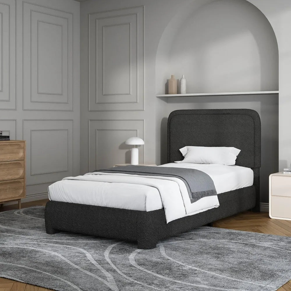 Twin Size Bed Frame, Boucle Upholstered Platform Bed with Headboard, Modern Style, Soft Rounded Corners, No Box Spring Required,