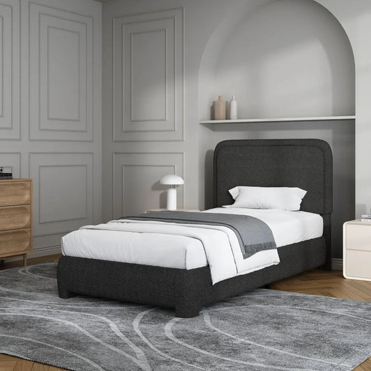 Twin Size Bed Frame, Boucle Upholstered Platform Bed with Headboard, Modern Style, Soft Rounded Corners, No Box Spring Required,