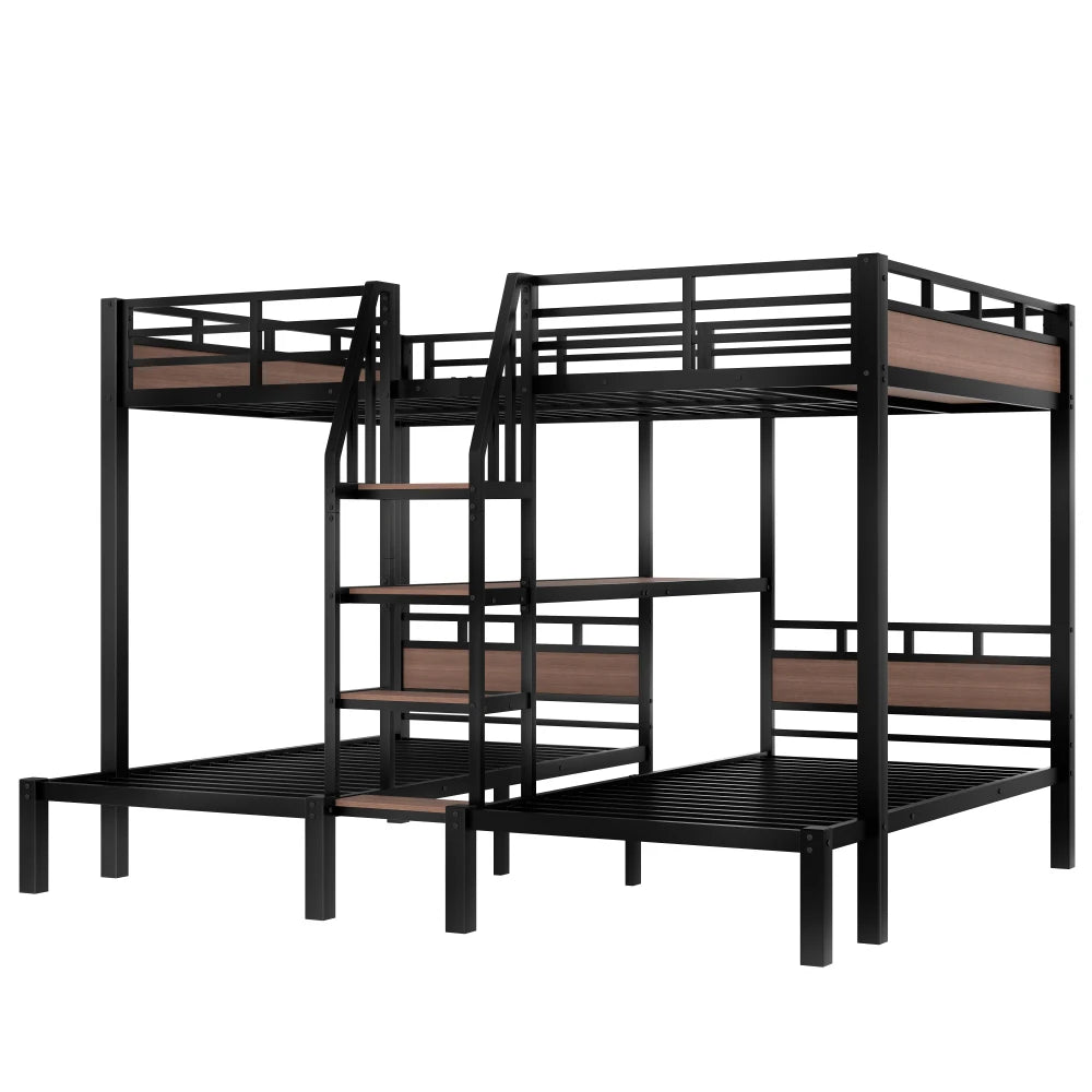 Queen Over Twin Over Twin Metal Bunk Bed ,triple Metal Bunk Bed with Storage Shelves and Storage Stairs,black