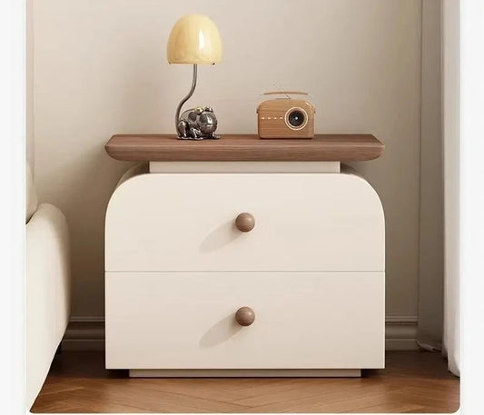Solid Wood Nightstand, Vintage Cream Italian Minimalist Bedside Table for Modern Bedroom Storage