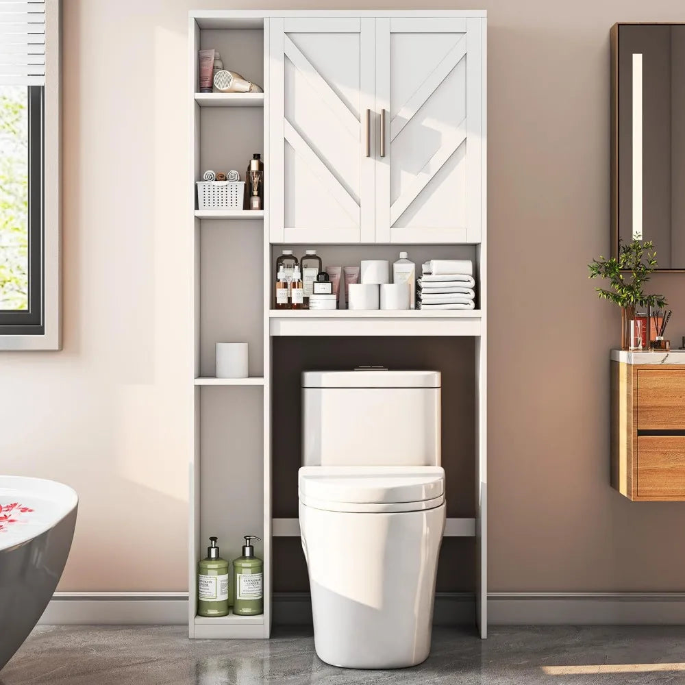 Bathroom Storage Cabinet with 7 Shelves, Over-the-Toilet Organizer with Toilet Paper Stand