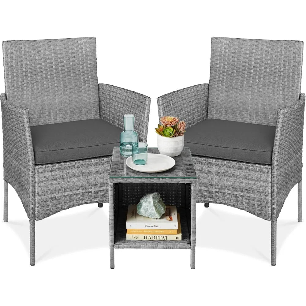 3-Piece Outdoor Wicker Conversation Bistro Set, Space Saving Patio Furniture for Garden w/Side Table