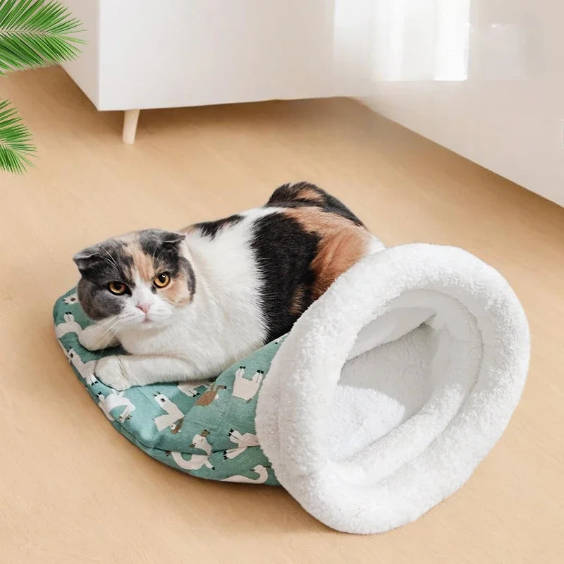 Winter Warm Pet Sleeping Bag Lamb Wool Warm Kitten Nest Drilling Hole Bedding Semi Closed Small Dog Kennel for Both Dogs Cats