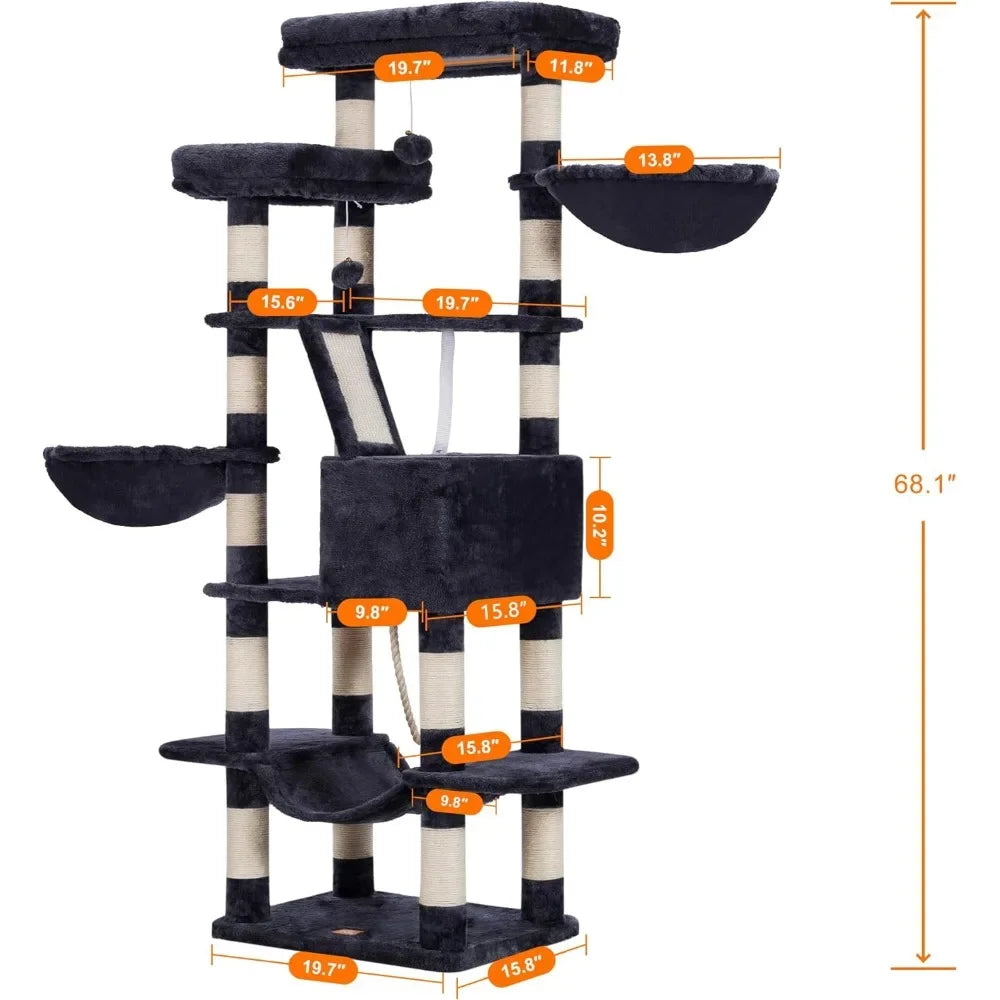 Cat Tree, 68 inch Multi-Level Cat Tower for Indoor Cats, 2 Widened Plush Perches Cat Condo with Scratching Board and Big Caves