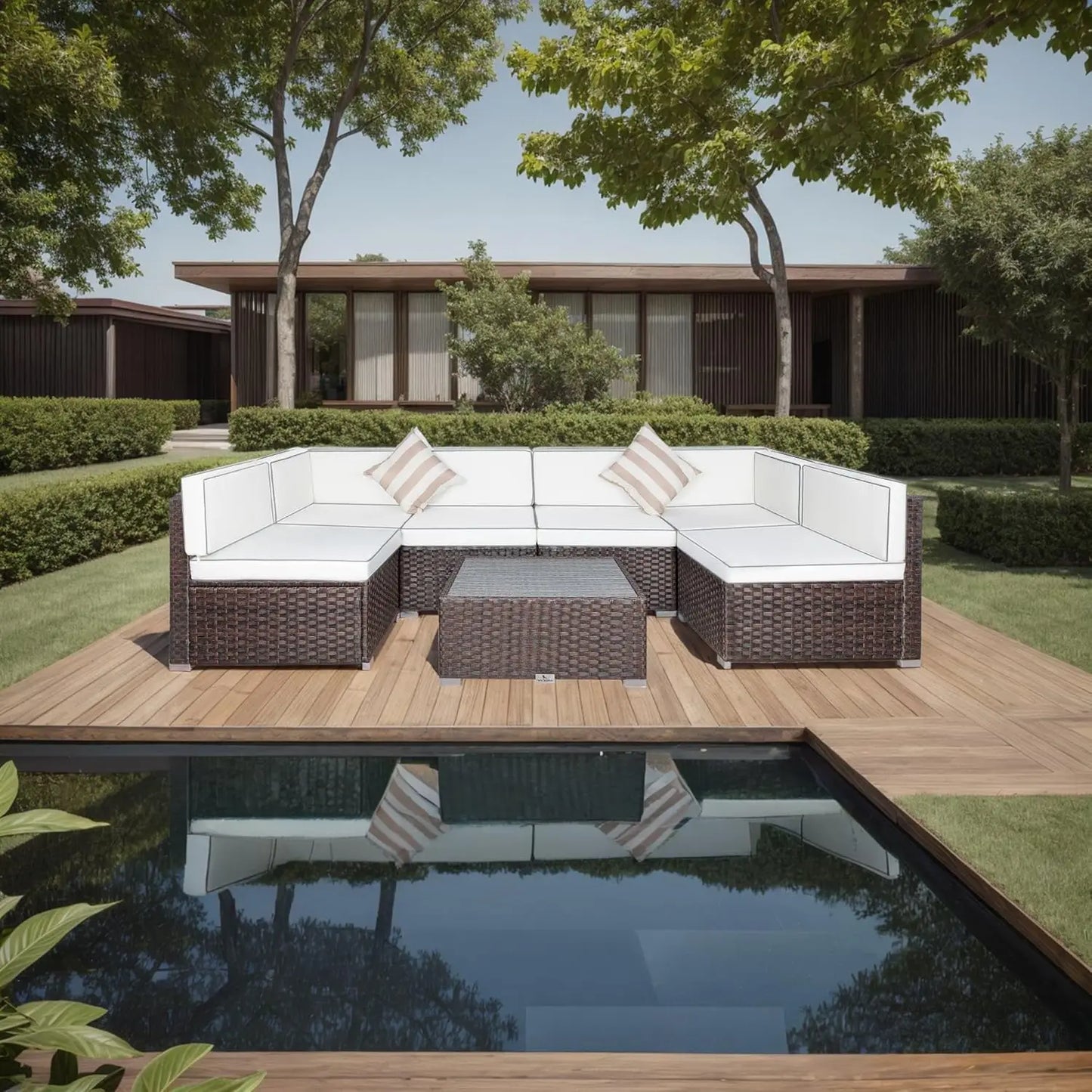 7 Piece Outdoor Patio Furniture Set with Cushions, PE Rattan Wicker Modular Patio Sofa Set with Coffee Table, and Two Pillows