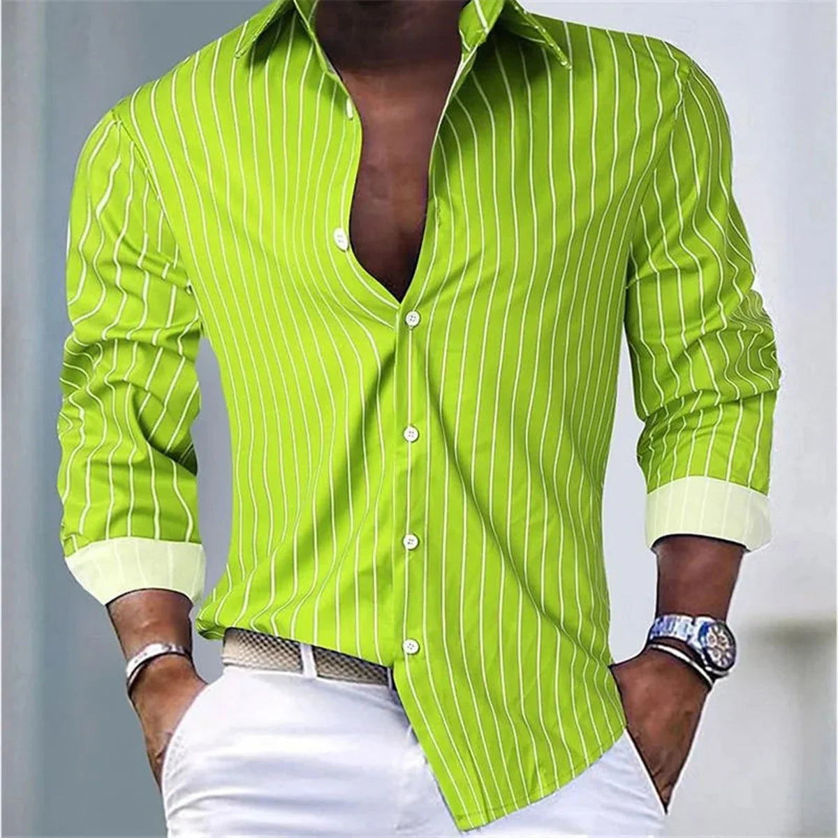 Men's Fashion Loose Striped Shirt 16 Colors Shirt Casual Breathable Lapel Button Long Sleeve Shirt Top Comfortable Soft Fabric