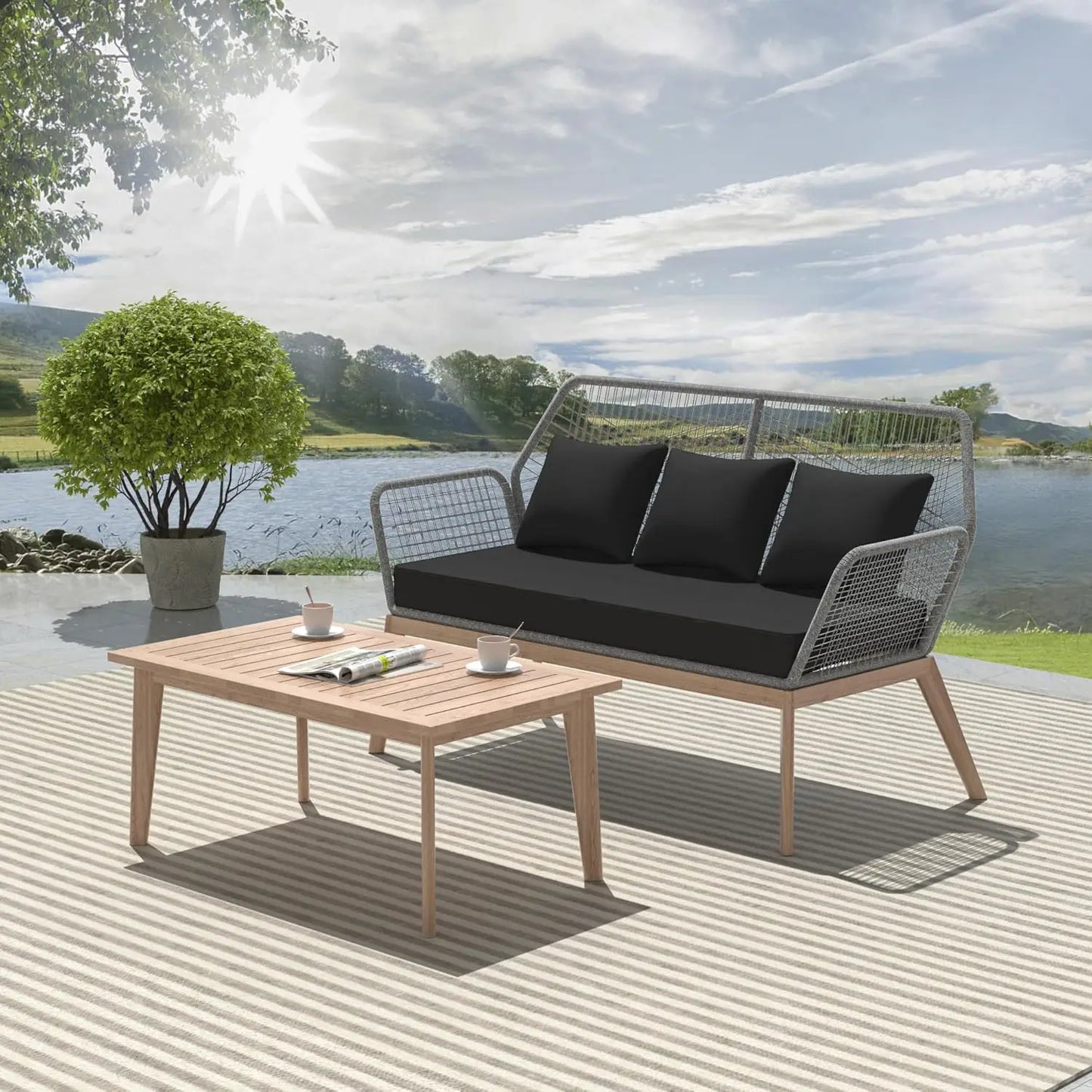 Outdoor Patio Furniture Set,2 Pieces Indoor Rope Woven Sectional Sofa Set Modern Oak Patio Conversation Sets with Wooden Table