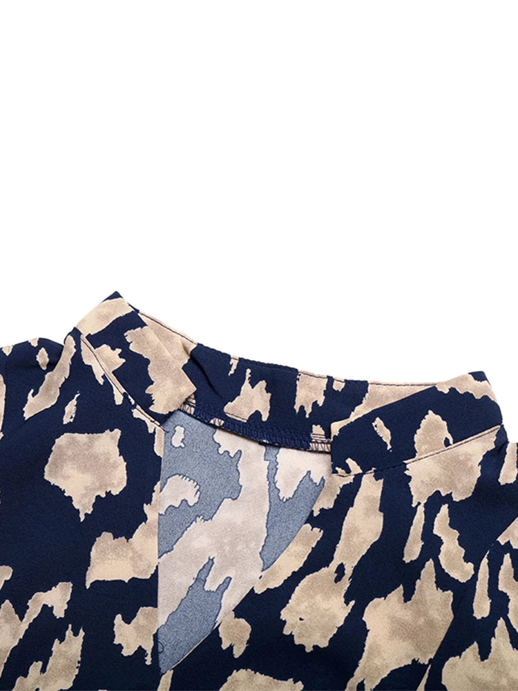 Ladies Causal Pleated Medium Long Dress Women Lace Up High Waist V Neck Full Sleeve Print Dress