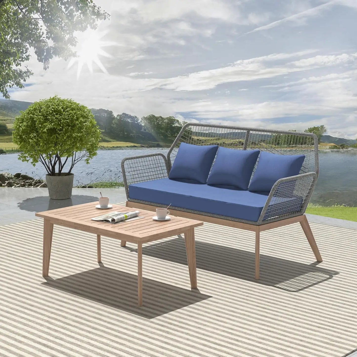 Outdoor Patio Furniture Set,2 Pieces Indoor Rope Woven Sectional Sofa Set Modern Oak Patio Conversation Sets with Wooden Table