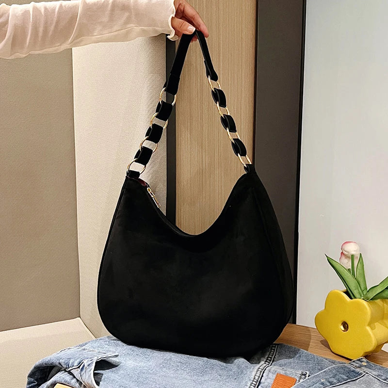 Trendy Suede Tote Bag for Women Faux Suede Shoulder Bags Retro Handbags Purse Vintage Crescent Hobo Bag Casual Commuter Bag 2024