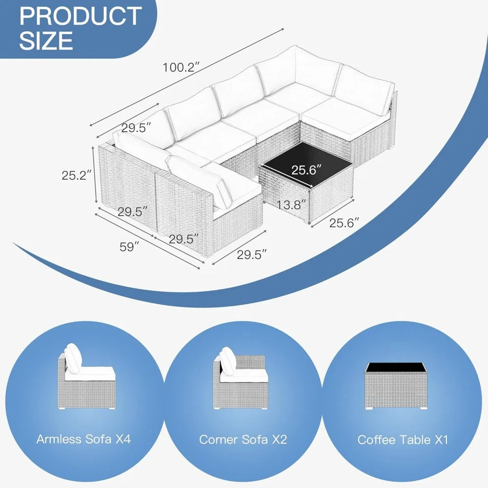 7 Pieces Patio Furniture Set - Outdoor Sectional Wicker Rattan Furniture with Cushion and Glass Table Patio Conversation Sets