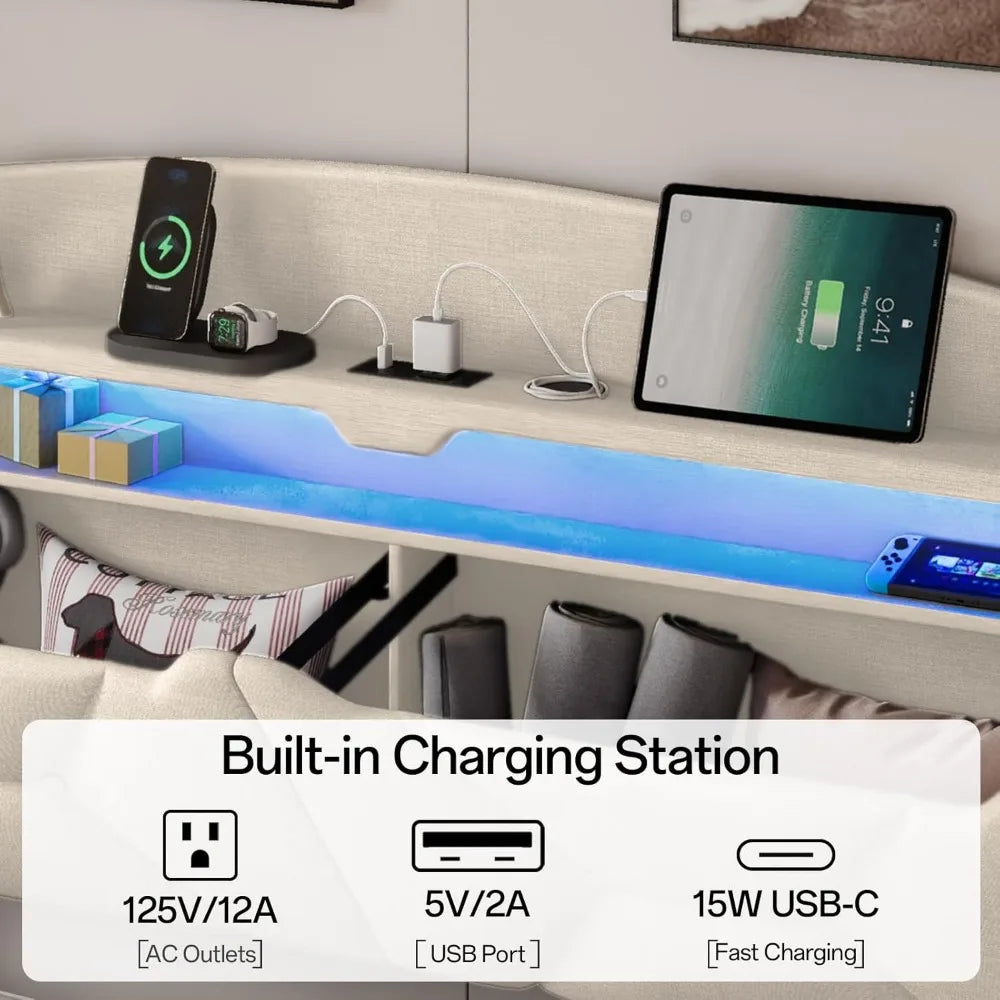 queen size bed frame with storage headboard, queen bed frame with 2 drawers, upholstered platform bed with charging station and