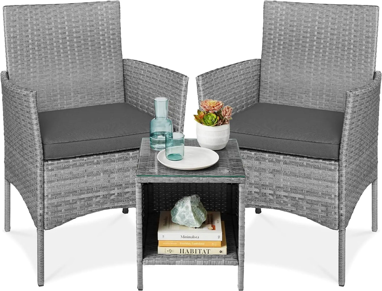 3-Piece Outdoor Wicker Conversation Bistro Set, Space Saving Patio Furniture for Garden w/Side Table